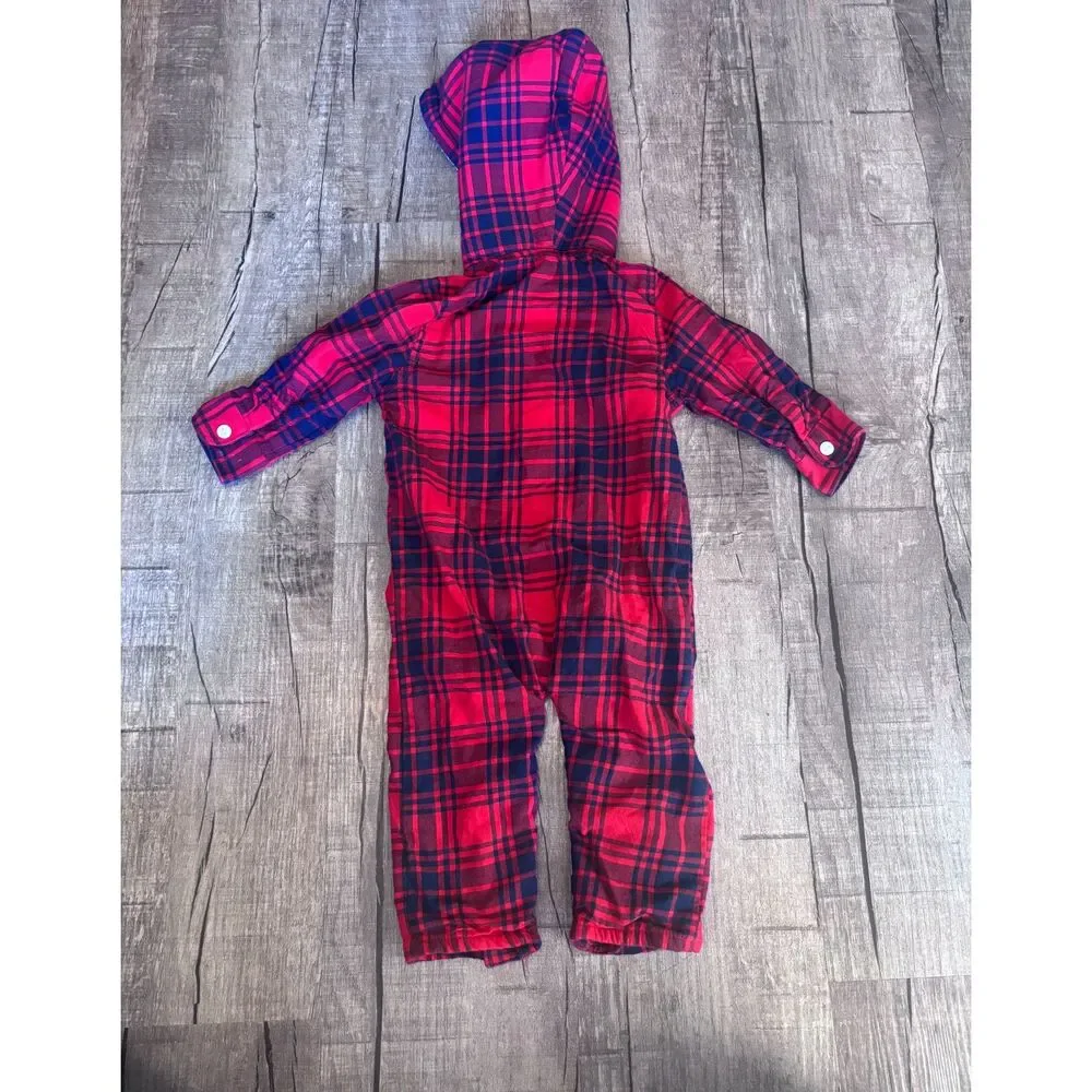 OshKosh Baby Boy‎ Plaid Hooded Romper 12M Red Blue One Piece Outfit